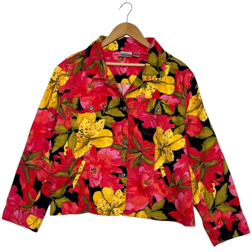 Chicos Womens Jacket XL 3 Pink Red Yellow Floral Linen Tropical Hawaiian Y2K